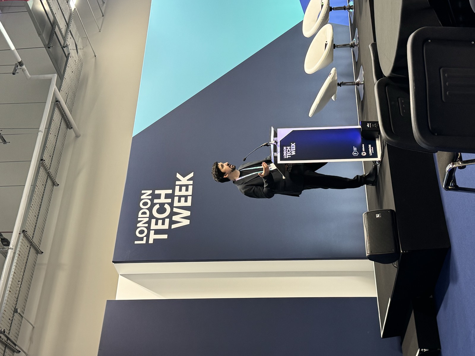 Dr Ben Miles speaking on the main stage at London Tech Week